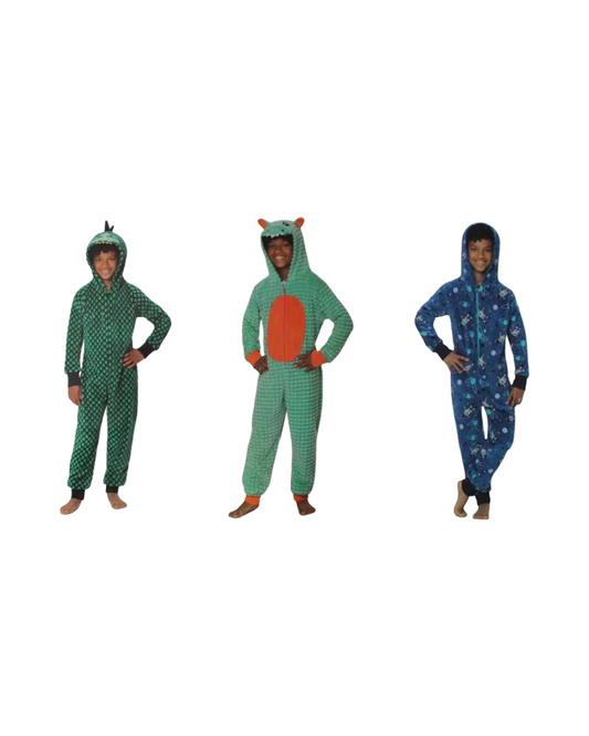 Boys' Hooded Patterned Fluffy Zip-Up Onesies