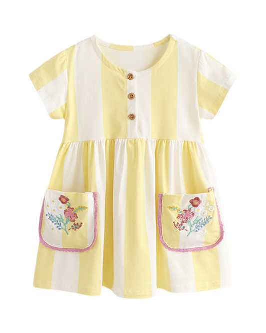 Yellow Striped Floral Pocket Dress for Girls Cotton Summer A-Line Dress