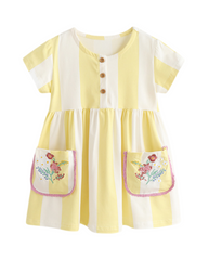 Yellow Striped Floral Pocket Dress for Girls Cotton Summer A-Line Dress
