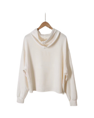 Cozy Off-White Drawstring Hoodie for Women – Casual Long Sleeve Fleece Pullover Sweatshirt