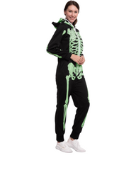 Spooky Green Glow Skeleton Bodysuit & Hood Costume for Adults – Halloween Party & Cosplay