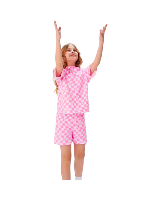 Pink Plaid Two-Piece Set for Girls Short Sleeve Tee and Shorts