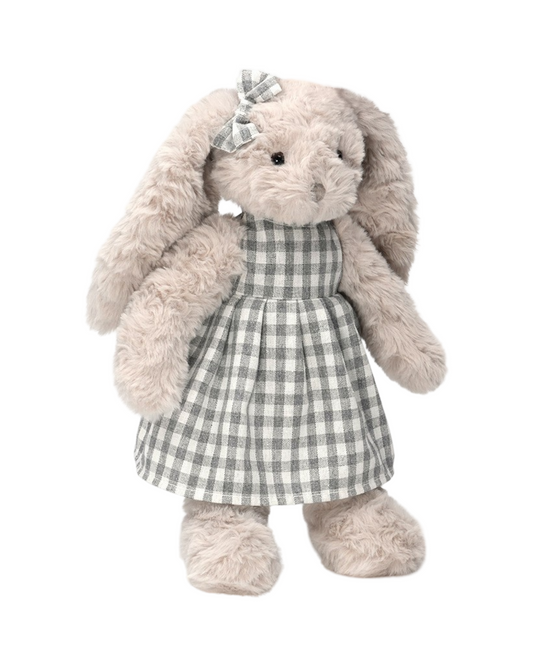 Plush Bunny Stuffed Animal Toy Dressed in Charming Plaid Dress and Striped Overalls