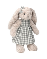 Plush Bunny Stuffed Animal Toy Dressed in Charming Plaid Dress and Striped Overalls