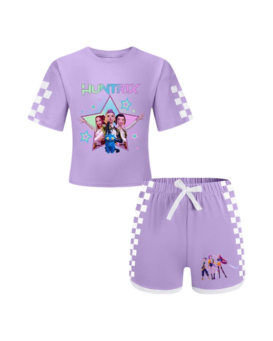 Girls Kpop Music Hunters Tracksuit Top Tee Shorts Sets