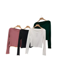 Seamless Ribbed Long Sleeve Crewneck Crop Top - Slim Fit Elastic Cotton Blend Layering Top