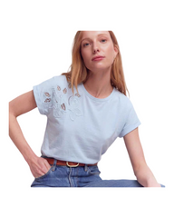 Laser Cut Cotton T-Shirt - Leaf Pattern Short Sleeve Top