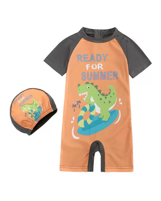 Dinosaur Rash Swimsuit with Swim Cap