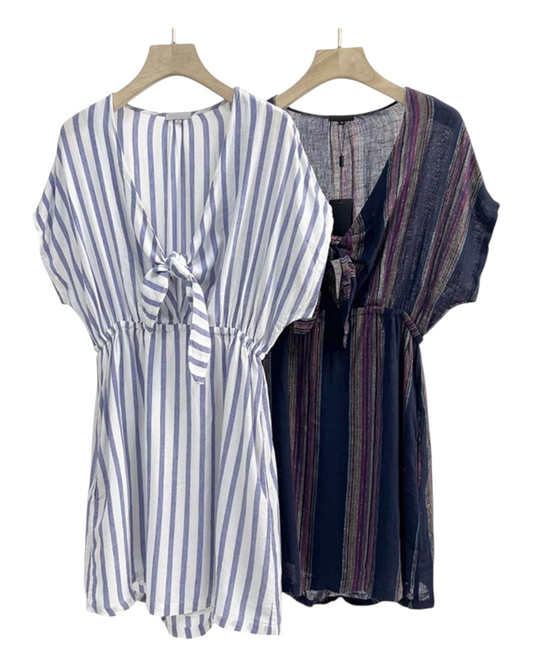 Short-Sleeved Linen Summer Dress with Striped Print