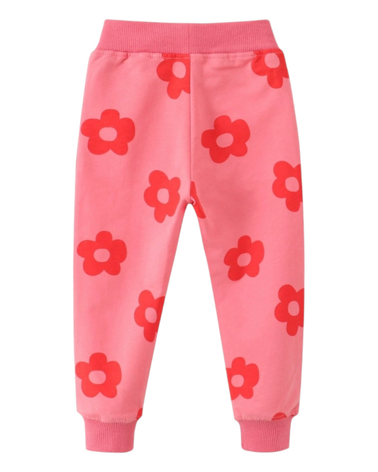 Coral Pink Track Pants with Flower Pattern
