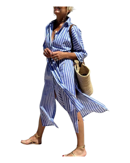 High Split Long Button-Up Shirt Dress