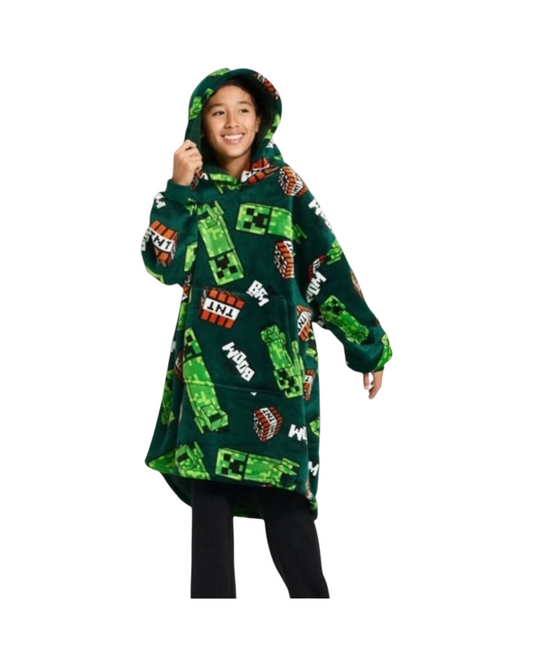Relaxed-Fit Gaming Hooded Pullover Featuring Green Block-Pattern Graphics