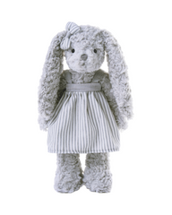 Plush Bunny Stuffed Animal Toy Dressed in Charming Plaid Dress and Striped Overalls