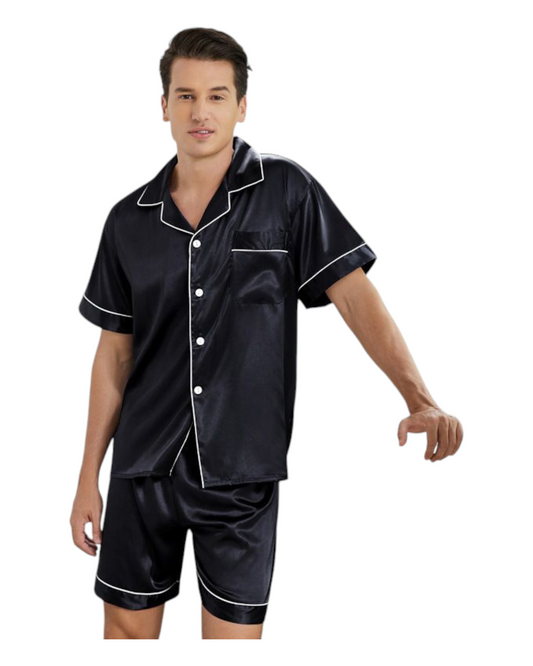 Men's Short-Sleeved Shirt and Shorts Silk Pyjama Set