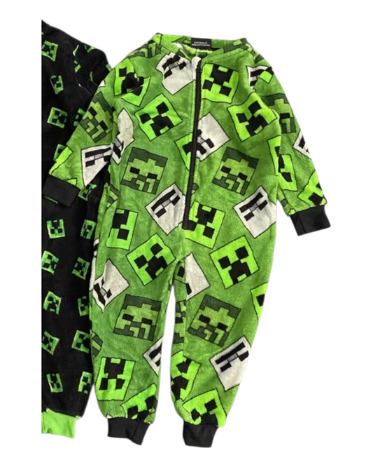 Green Long-Sleeved Onesie with Minecraft Pattern