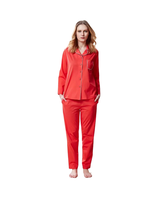 Luxury Red Silk Pajamas for Woman - 2-Piece Long Sleeve Sleepwear Set