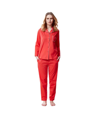 Luxury Red Silk Pajamas for Woman - 2-Piece Long Sleeve Sleepwear Set