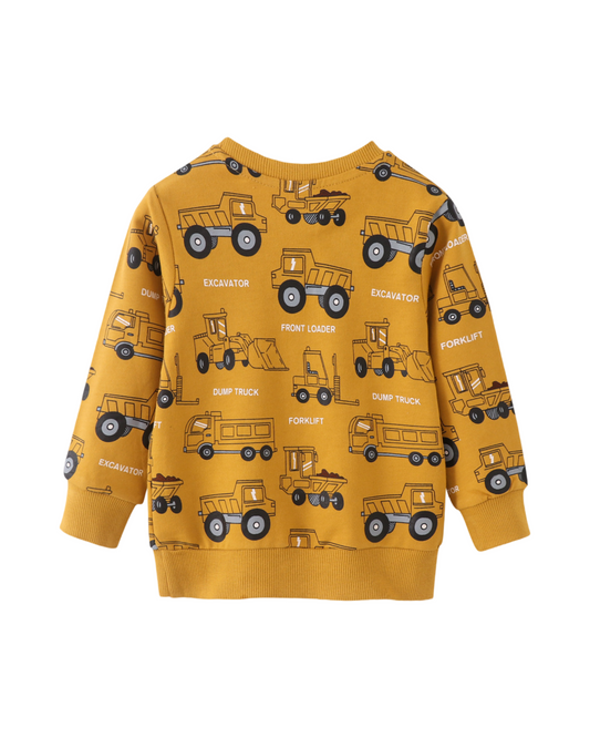 Mustard Yellow Cotton Boys Construction Trucks Print Long-Sleeve Crew Neck Sweatshirt