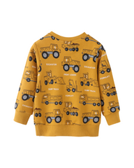Mustard Yellow Cotton Boys Construction Trucks Print Long-Sleeve Crew Neck Sweatshirt