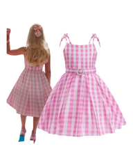 Complete 8-Piece Pink Gingham Checkered Cosplay Dress and Accessories Set