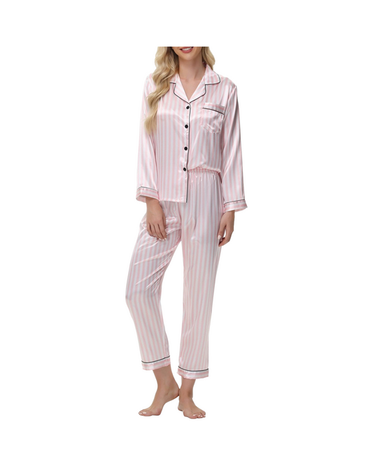Striped Satin Pajama Set – Soft Long Sleeve V-Neck Button-Down Sleepwear
