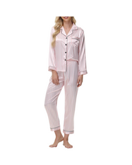 Striped Satin Pajama Set – Soft Long Sleeve V-Neck Button-Down Sleepwear