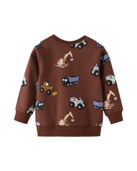 Cotton Construction Trucks Print Long-Sleeve Crew Neck Sweatshirt for Boys