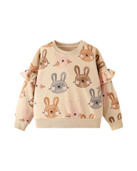 Beige Floral Bunny Printed Sweatshirt Girls Long Sleeve Pullover