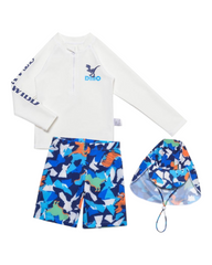 Boys' Three-Piece Dinosaur Swim Outfit Set with Hat