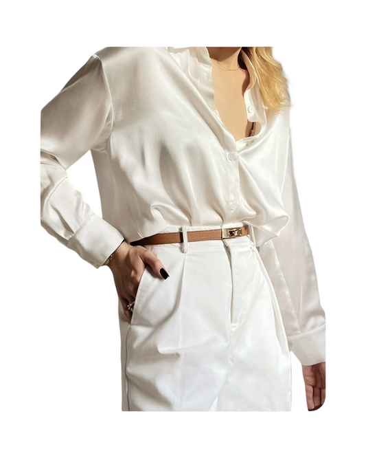 Elegant Satin Long Sleeve Shirt – Women's Classic Button-Down Blouse