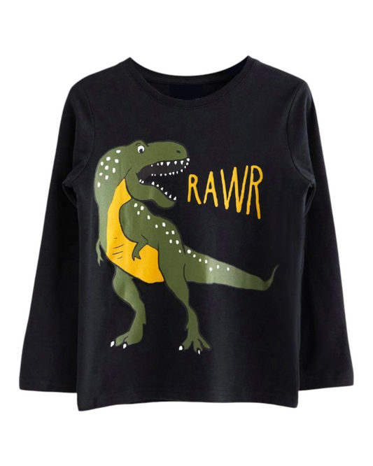 Graphic Long-Sleeved Top with Dinosaur Pattern