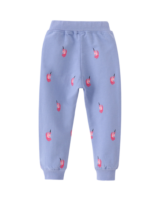 Light Blue Unicorn Printed Cotton Sweatpants for Girls
