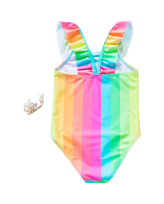 Rainbow Striped Toddler Girls One-Piece Swimsuit - Sunshine Ruffle Bathing Suit