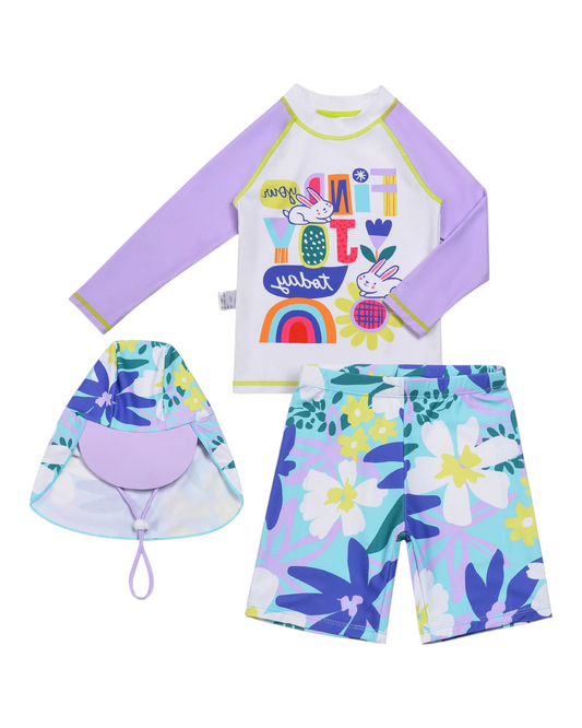 Girls' Patterned Three-Piece Swim Outfit Set with Hat