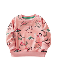 Long Sleeve Dinosaur Print Sweatshirt For Girls Featuring Ribbed Cuffs and Hem