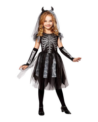 Spooky Skeleton Bride Fancy Dress Outfit - Girls Halloween Party Dress with Veil