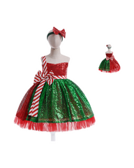 Red and Green Striped Holiday Dress with Matching Headband for Girls