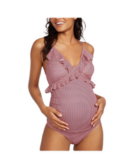 Maternity One-Piece Swimsuit Ruffled V-Neck Striped Textured Bathing Suit