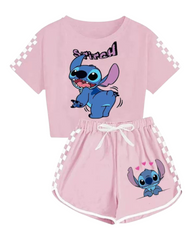 Kids Stitch Cartoon Print T-Shirt with Shorts Set