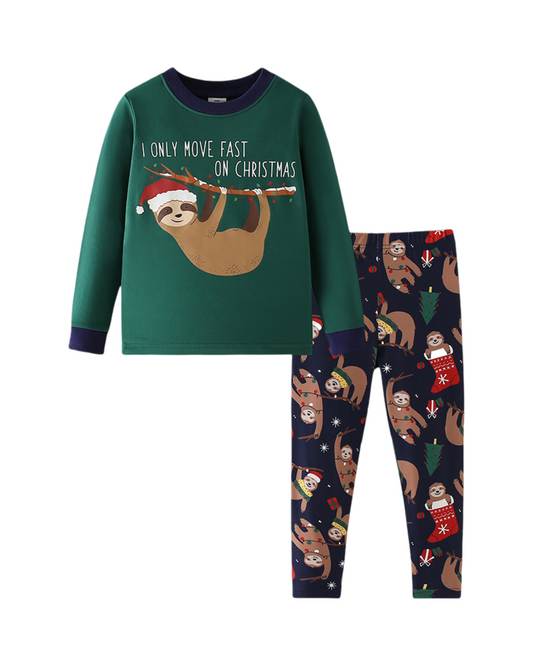 Cotton Long-Sleeve Holiday Pyjama Set for Kids Featuring Festive Sloth and Santa Claus Print