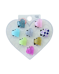 8-Piece Mini Heart Hair Clips Set – Multicolor Glitter & Patterned Hair Accessories
