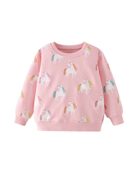 Long Sleeve Unicorn Print Sweatshirt For Girls Featuring Ribbed Cuffs and Hem
