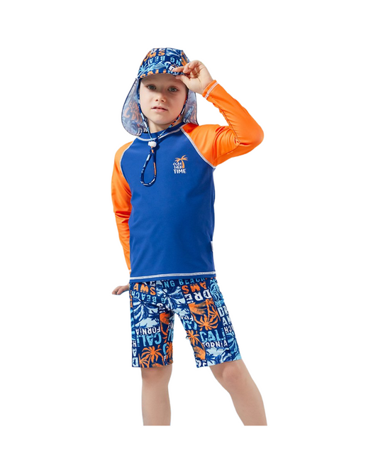 Boys' 3-Piece Swimsuit Trunk Rashguard Set and Sun Hat Swimwear