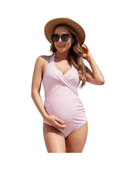 Maternity One-Piece Swimsuit Pink Striped V-Neck Bathing Suit for Women