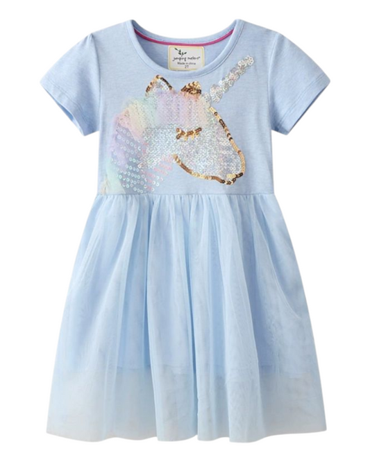 Light Blue Tulle Skirt Dress with Sequin Unicorn Design