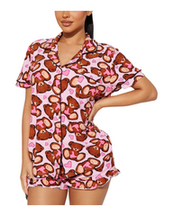 Short Sleeve Button Up Pajama Set Women Silk Satin Sleepwear Loungewear 2 Piece Set