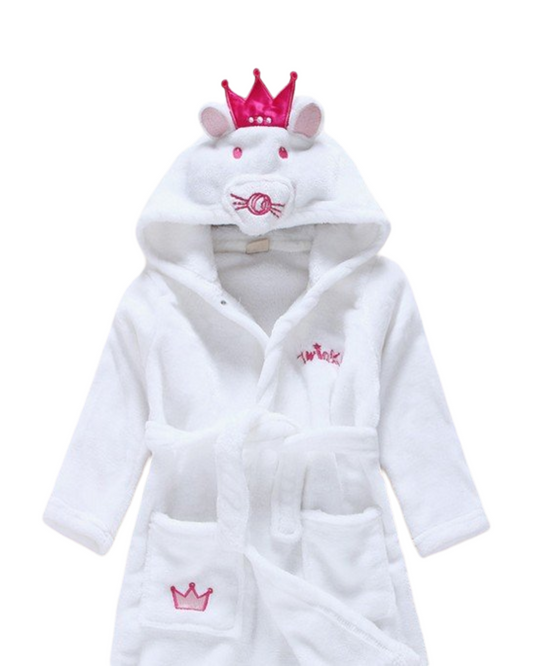 White Plush Hooded Bathrobe for Girls with Princess Crown Hood