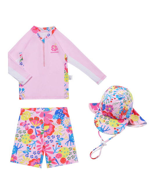 Girls' Three-Piece Pink Floral Swim Outfit Set with Hat