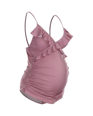 Maternity One-Piece Swimsuit Ruffled V-Neck Striped Textured Bathing Suit
