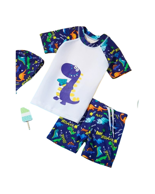 Dinosaur Rash Guard Set Boys 3 Piece Swimsuit with Sun Hat UV Protection Swim Trunks